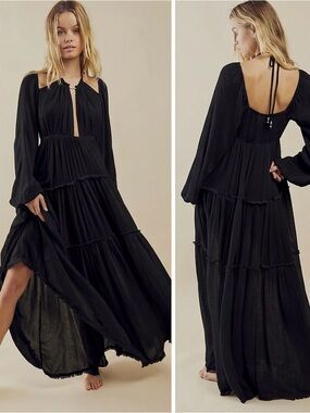 Free People Endless Summer After Dusk Black Tiered Long Sleeve Maxi Dress, XS